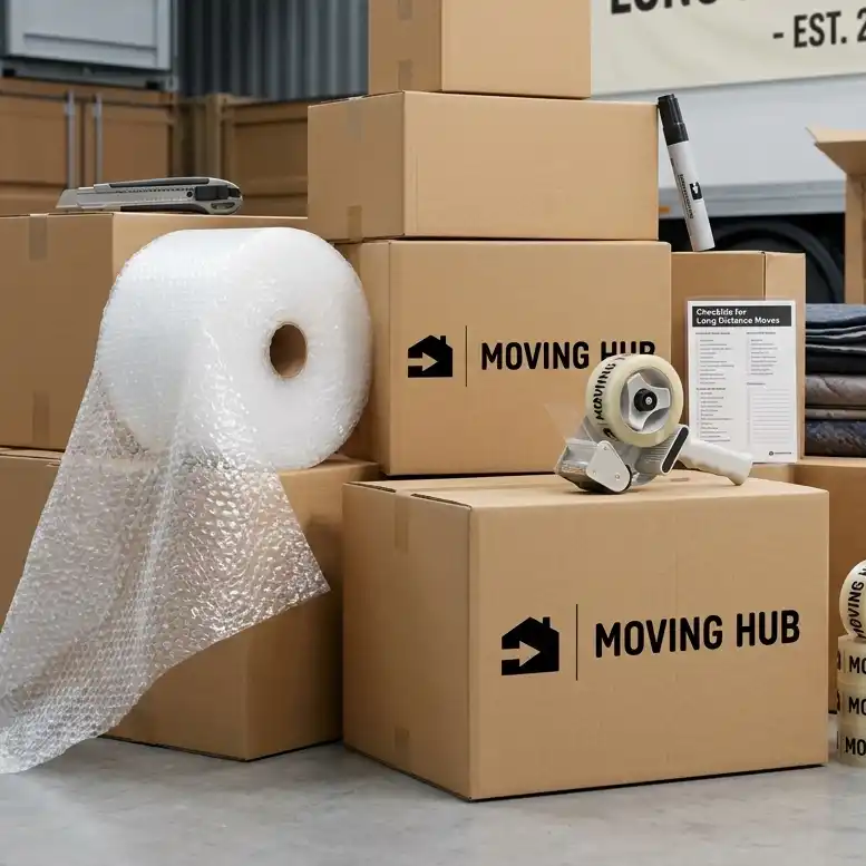 Packing supplies including boxes tape and bubble wrap for long distance move