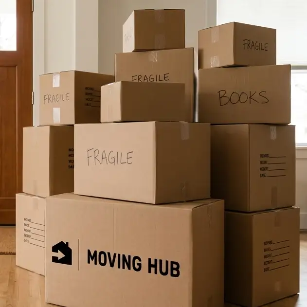 Packed moving boxes ready for relocation from Charleston to Charlotte