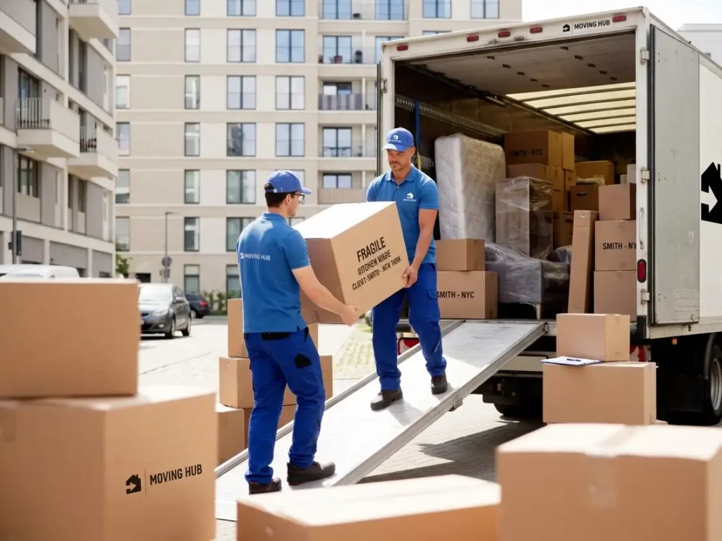 Professional movers placing boxes into interstate moving truck