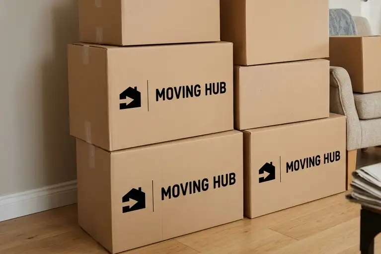 Packed moving boxes ready for relocation from Arizona to New York