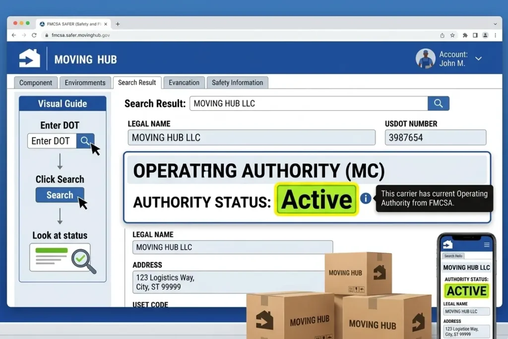 FMCSA SAFER database search showing USDOT number verification for a licensed moving company. How to Verify Licensed Movers