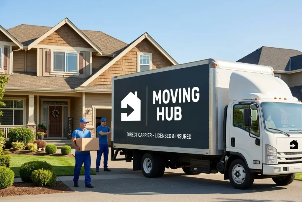 Licensed and insured Moving Hub truck ready for a long distance move as a direct carrier