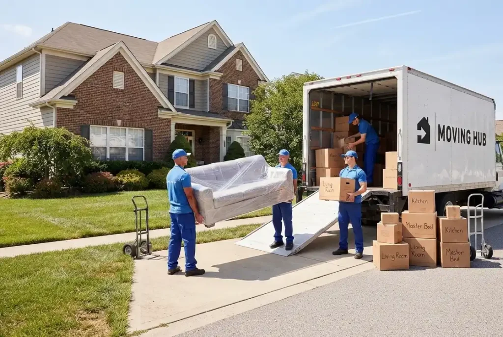 Licensed 3 bedroom house moving company crew loading a 26-foot truck in front of a suburban home