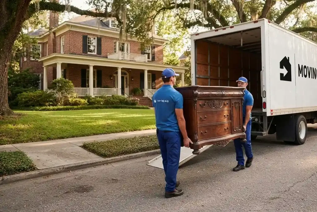 Professional movers loading a moving truck outside a South Carolina home in 2026