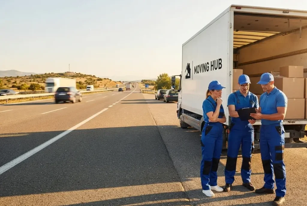 Cross state moving company truck preparing for dispatch on a US interstate highway