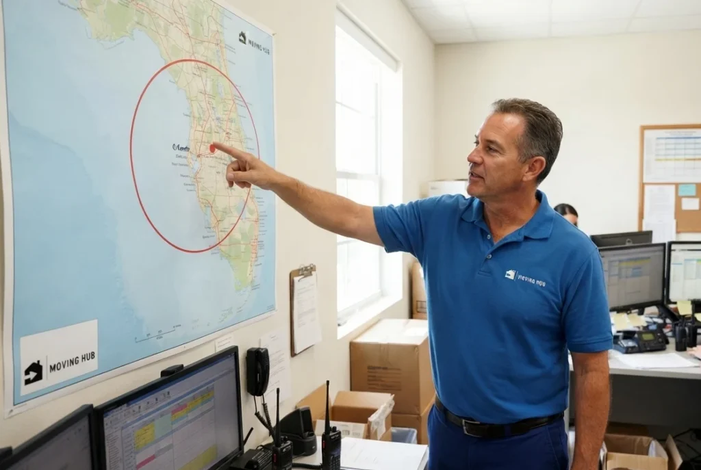 local movers cost Florida map showing local versus long distance boundary