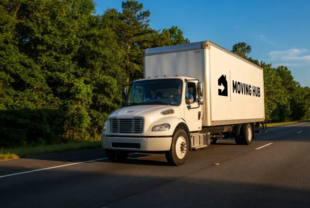 Licensed moving truck driving through South Carolina on an interstate highway.