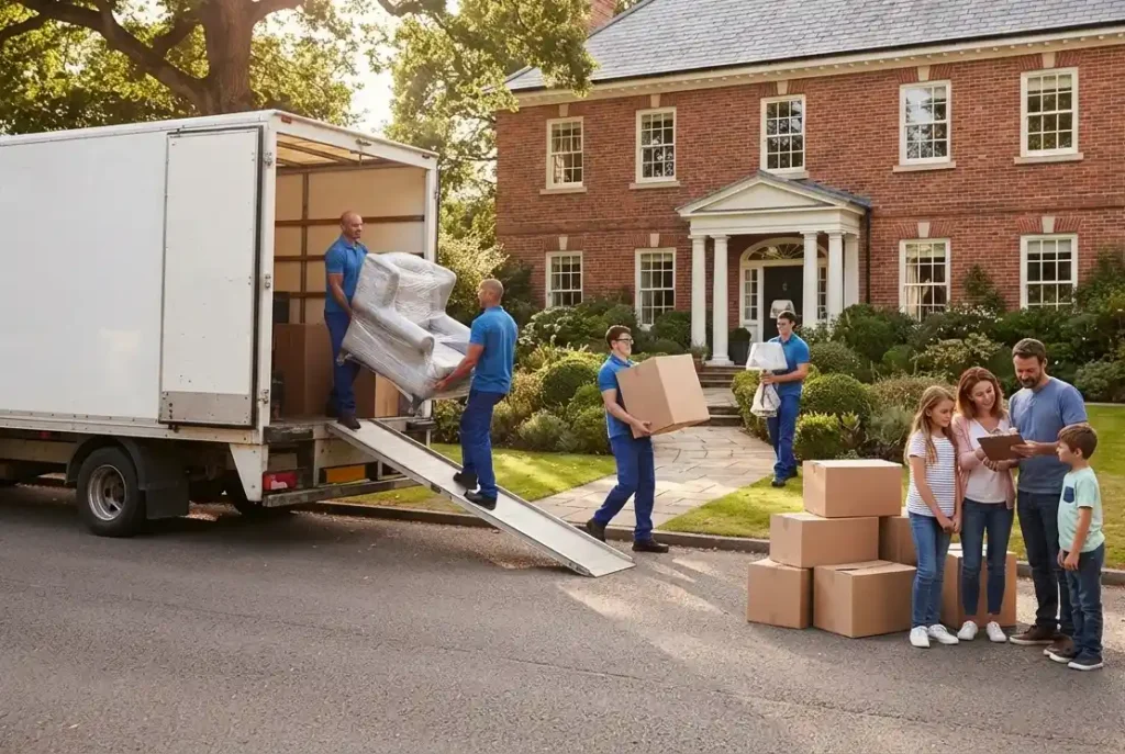 Family unloading moving truck in front of a Georgia home during interstate relocation