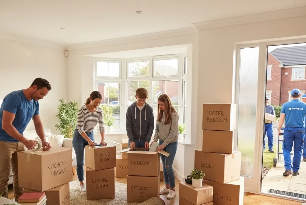 Family packing labeled moving boxes in a 3 bedroom house living room with professional movers arriving outside