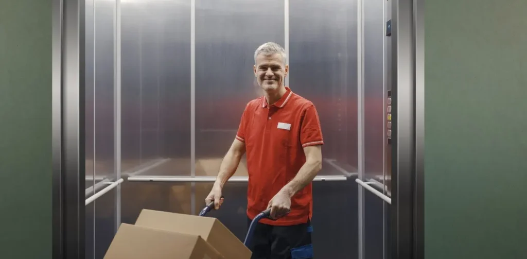 Commercial movers in Florida rolling wrapped office furniture out of a freight elevator during an evening move