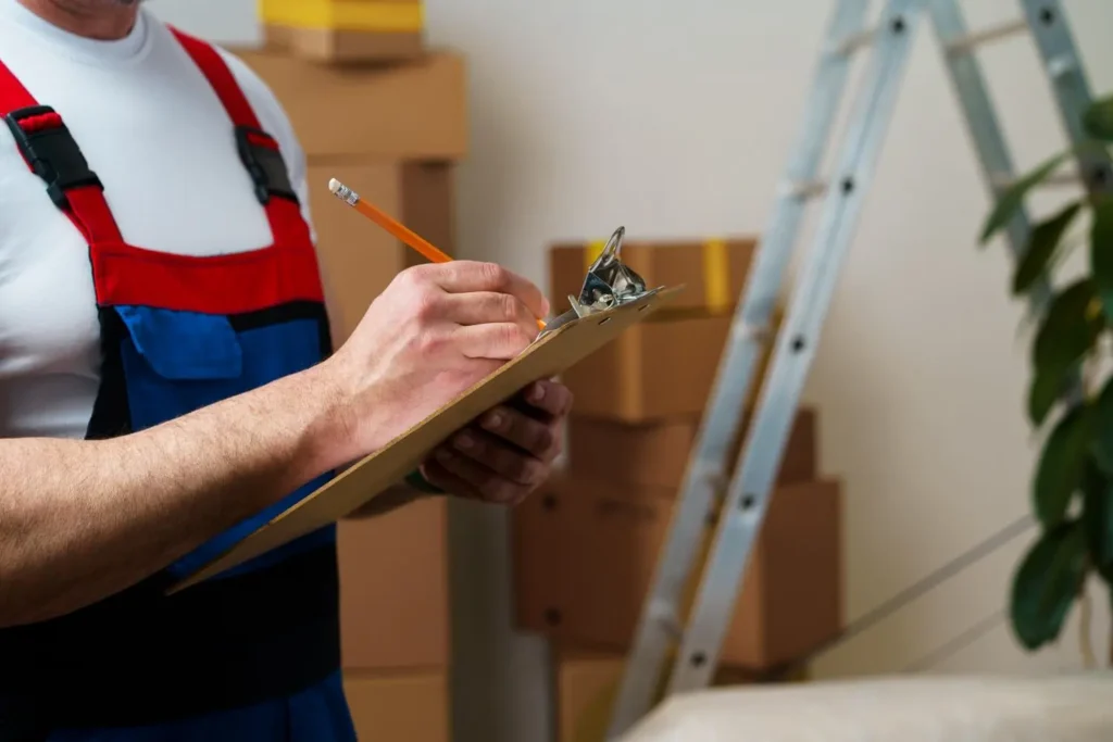 Moving Hub vs International Van Lines comparison with a crew lead reviewing an inventory with a homeowner