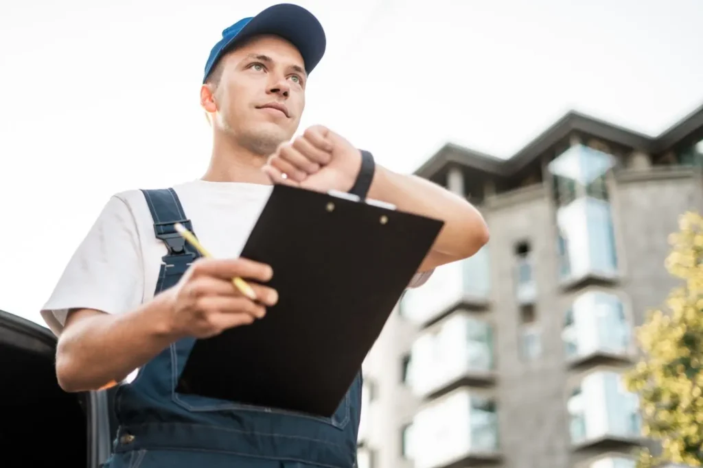 Moving Hub vs North American Van Lines comparison showing a crew lead reviewing an inventory with a homeowner