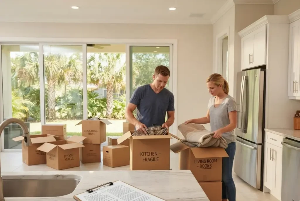 Moving to Florida checklist — family unpacking boxes in a bright Florida home with palm trees visible through the window
