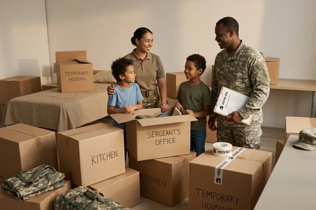 Military family using PCS move storage while waiting for permanent housing