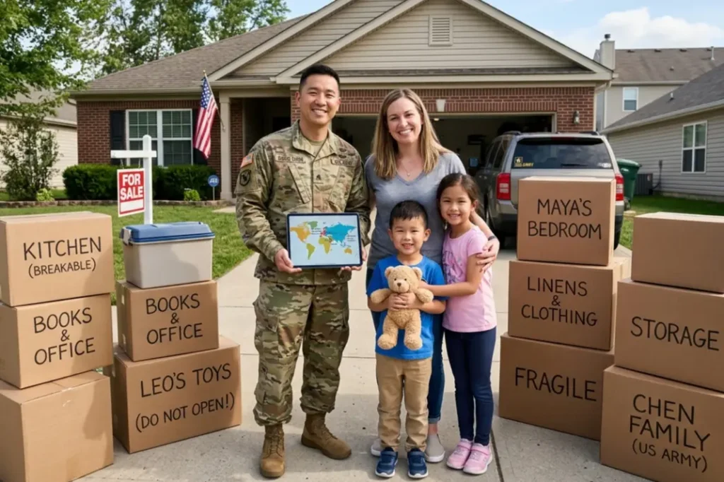 Military family preparing for an OCONUS military PCS move with packed household goods and overseas orders