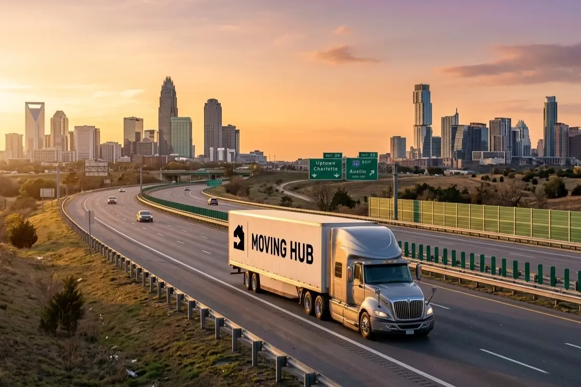 Moving Hub direct carrier truck for Charlotte to Austin movers on interstate highway route