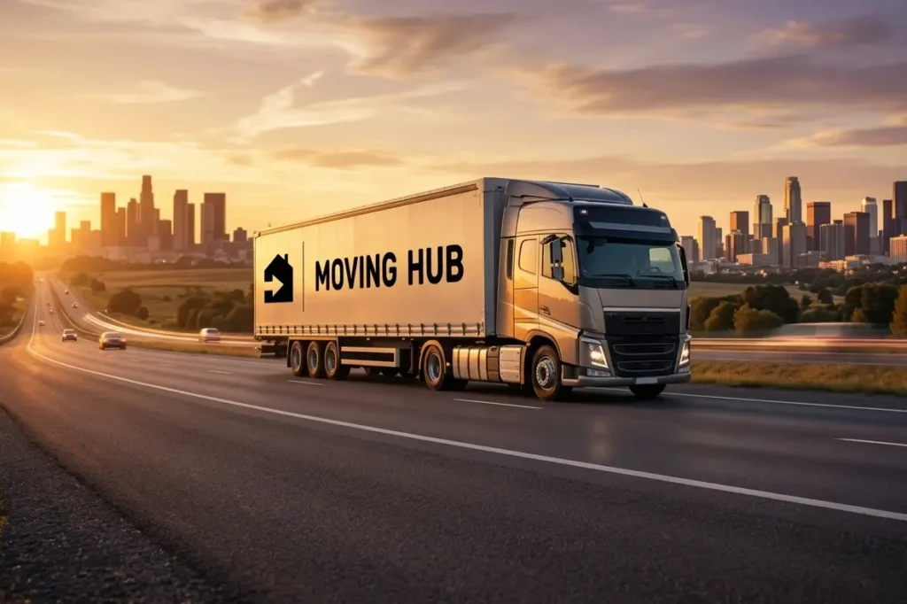 Long-distance moving truck driving from Charlotte NC to Austin TX on a clear highway