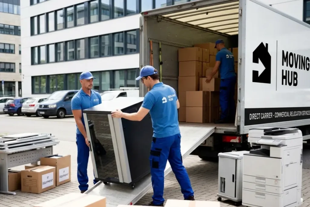 Moving Hub direct carrier crew preparing to load office equipment for a commercial relocation