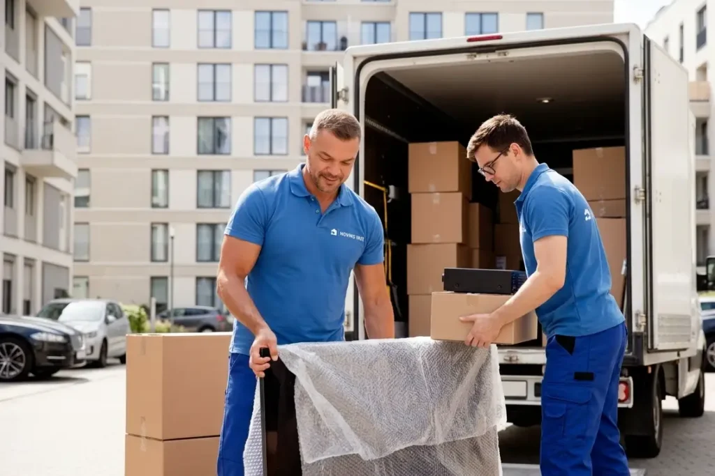 Moving Hub crew carefully handling a flat-screen TV during an office relocation