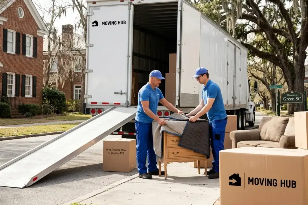 Moving Hub crew in blue polos loading furniture for a long distance move from Greer SC