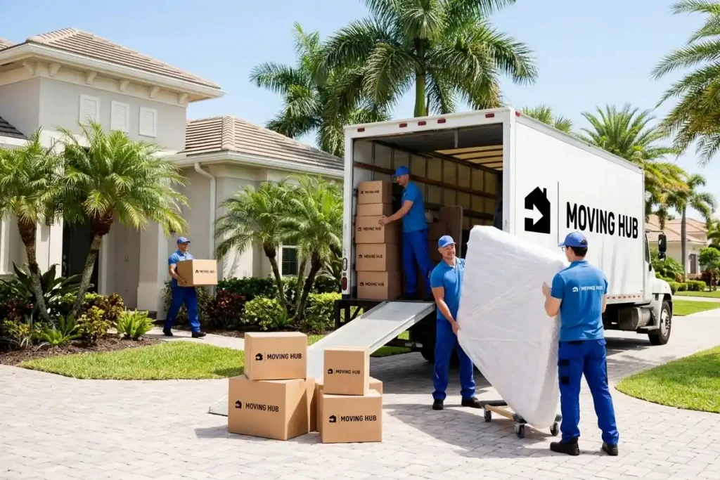Professional florida to new york movers loading a moving truck outside a Florida home