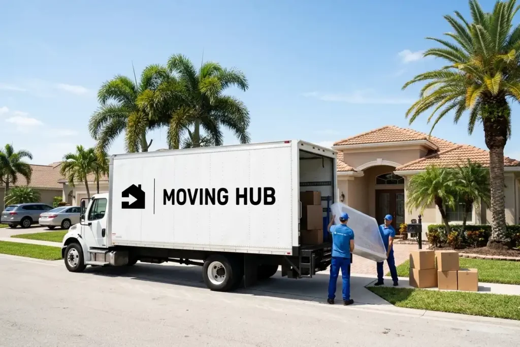 Interstate moving companies Florida — Moving Hub DOT-certified direct carrier truck loaded by professional crew outside a Florida home