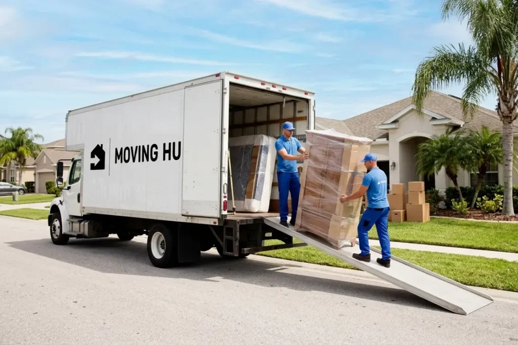 Licensed long distance movers Tampa FL loading a moving truck outside a suburban Florida home on a clear sunny day