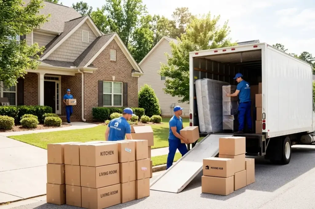 Real photo style, professional uniformed movers loading a large white moving truck in front of a two-story suburban home, sunny day, neatly stacked labeled boxes on the driveway, wide angle shot
