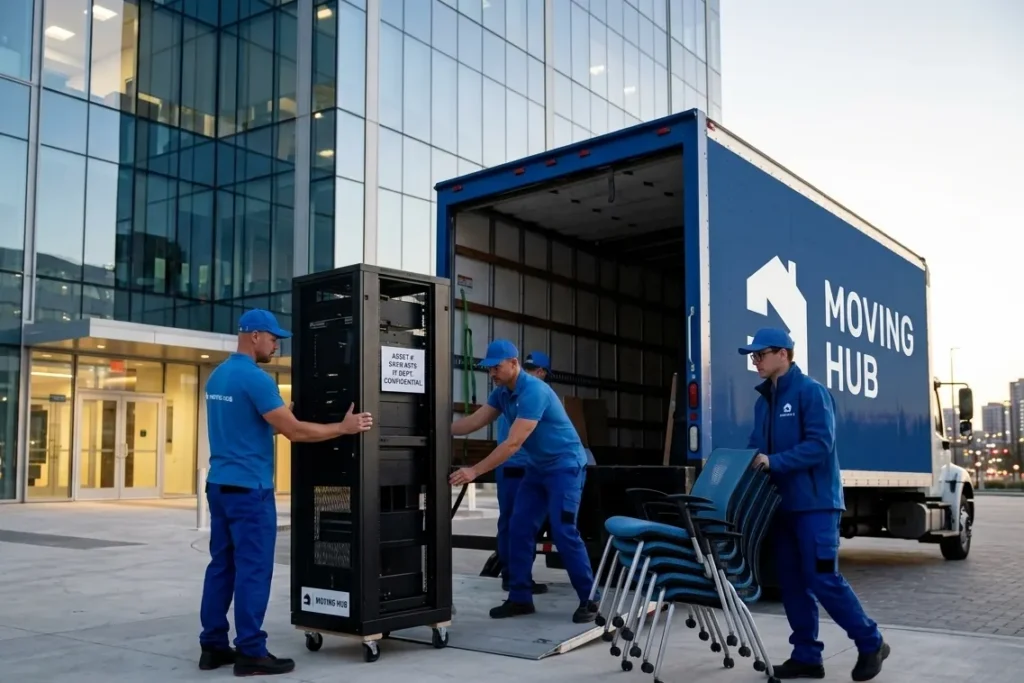 Licensed office movers loading a server rack and office furniture into a direct carrier truck outside a commercial building for a business relocation