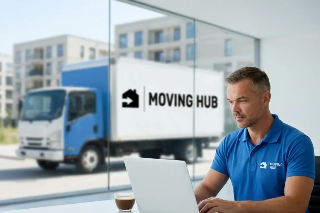 Person checking a moving company license on FMCSA website before hiring movers