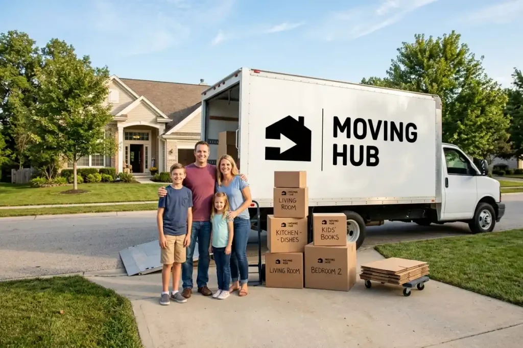 Family loading boxes into a licensed moving truck for an out of state move on a sunny residential street