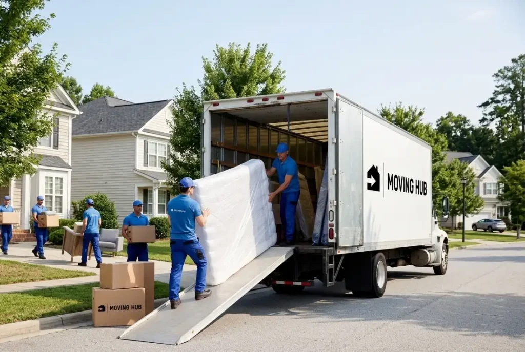 Affordable long distance movers USA loading furniture into a moving truck with flat-rate pricing