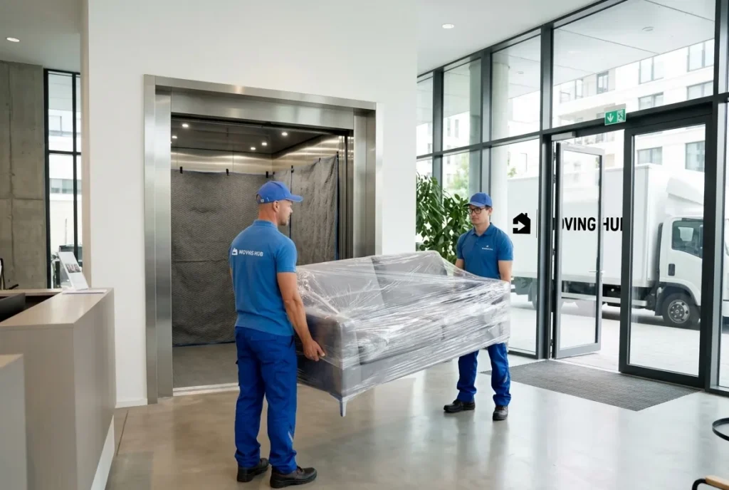 Licensed apartment movers near me carrying furniture through apartment building lobby with freight elevator access