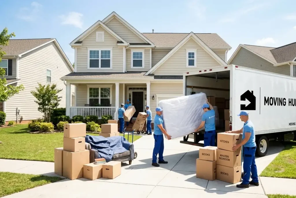 Best long distance moving companies near me, Moving Hub licensed direct carrier crew loading a truck for an interstate move