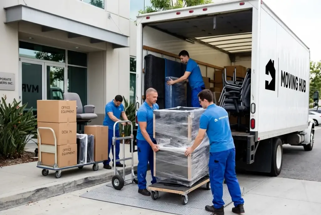 Uniformed commercial movers near me loading office workstations into a Moving Hub truck outside a corporate office building
