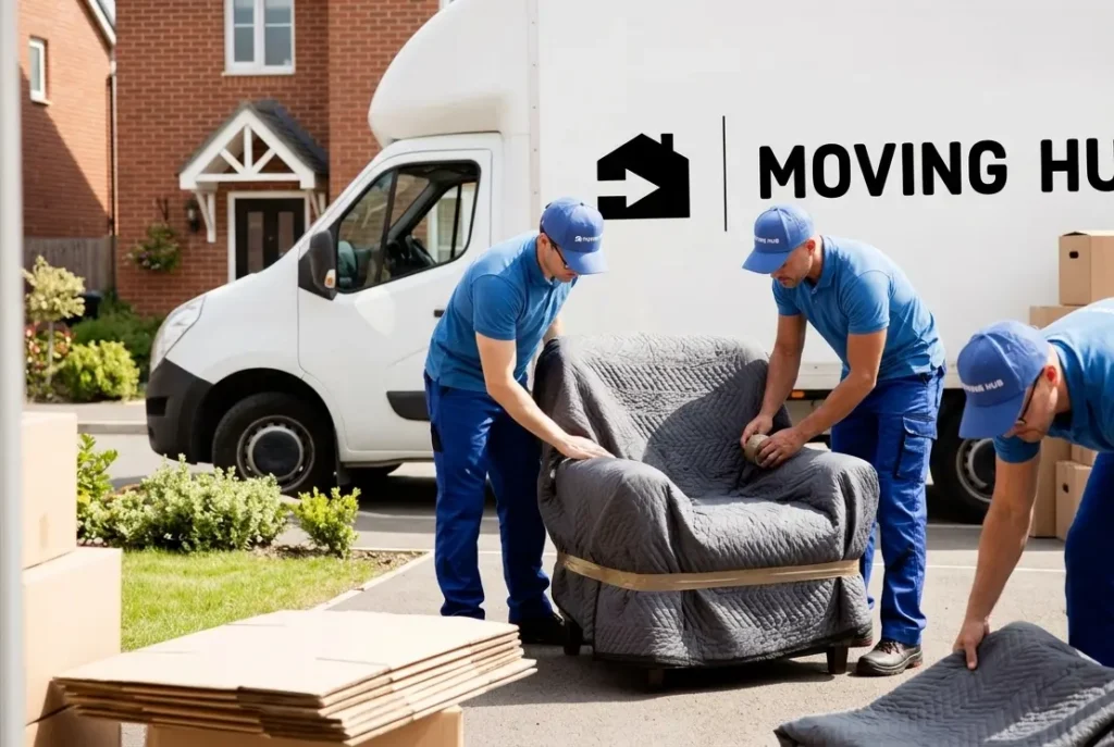 Moving Hub crew providing full service long distance moving with professional packing and loading at residential home