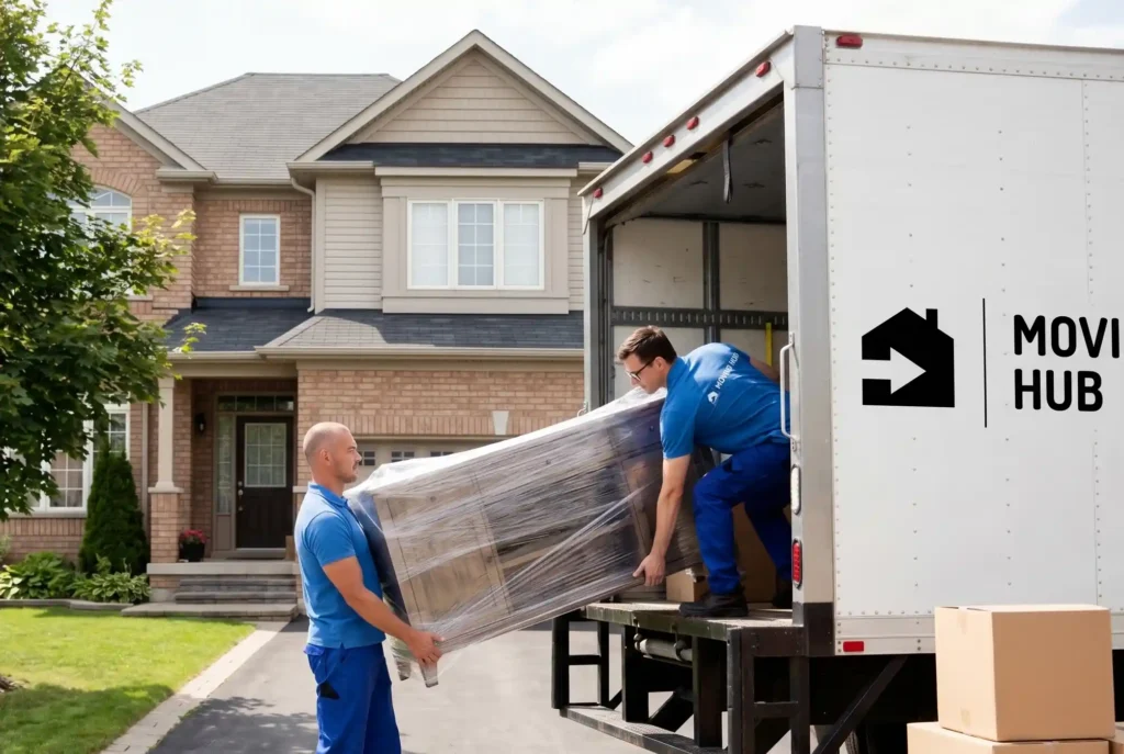 Professional movers loading furniture into a Moving Hub truck for a full service move in 2026