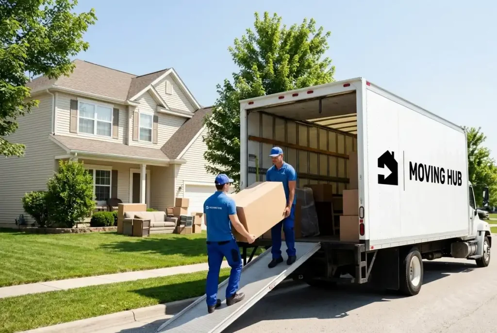 Professional movers loading a truck for a local move, moving company cost near me