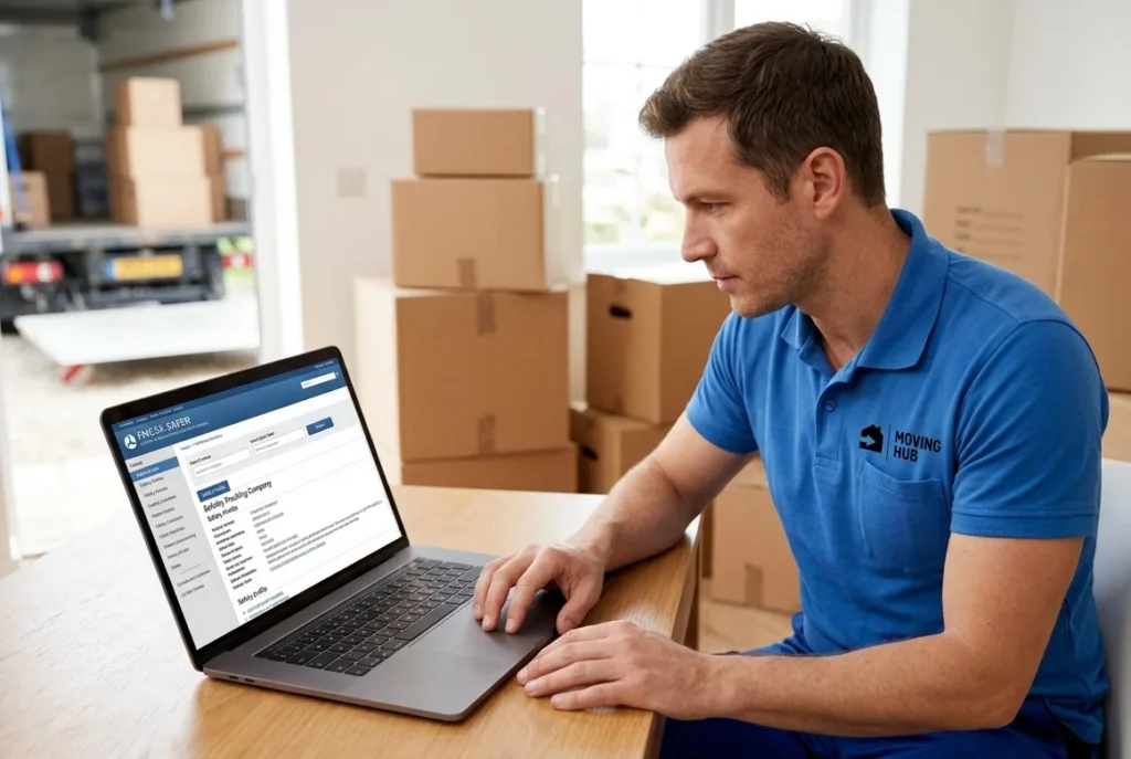 Person verifying a moving company's USDOT number on the FMCSA SAFER website before booking