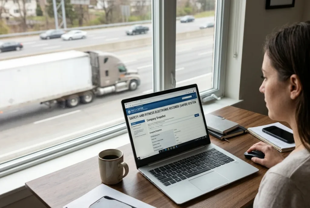 Person checking FMCSA SAFER database on laptop to verify moving broker vs direct carrier USDOT status before booking a move