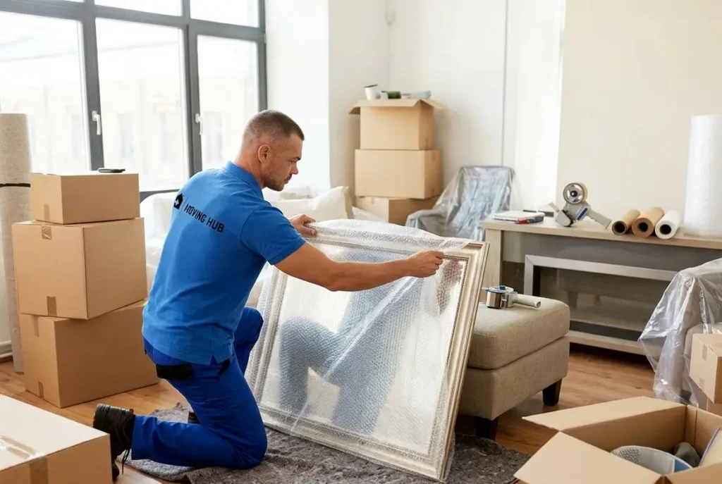 Professional packer wrapping fragile mirror for a full service moving job