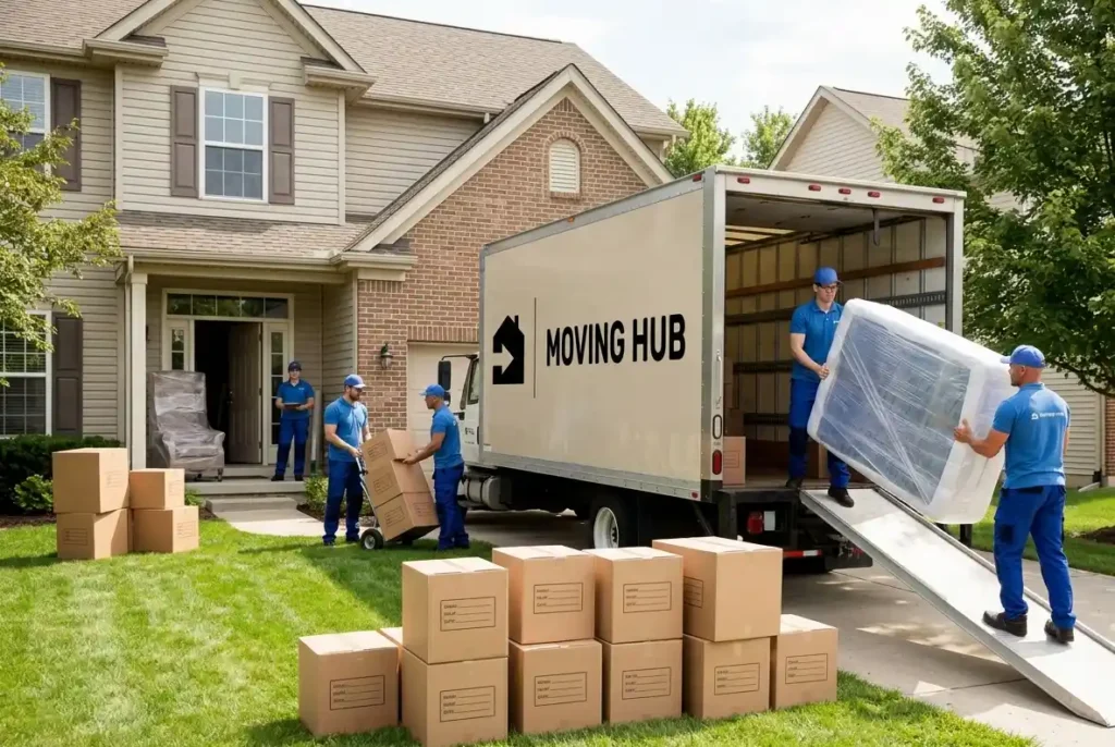 Licensed residential moving companies near me — Moving Hub crew loading a residential truck outside a family home