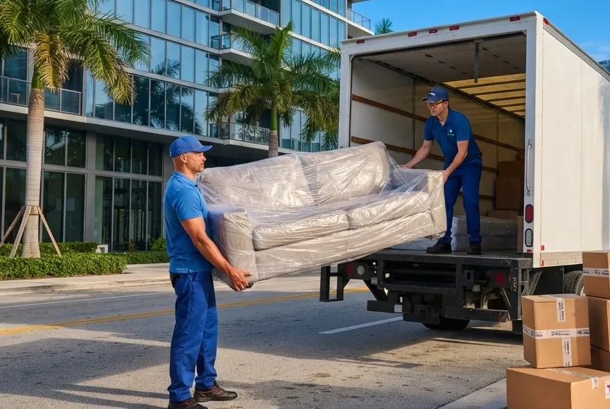 Licensed moving companies Miami — professional crew loading a truck outside a Brickell high-rise condo